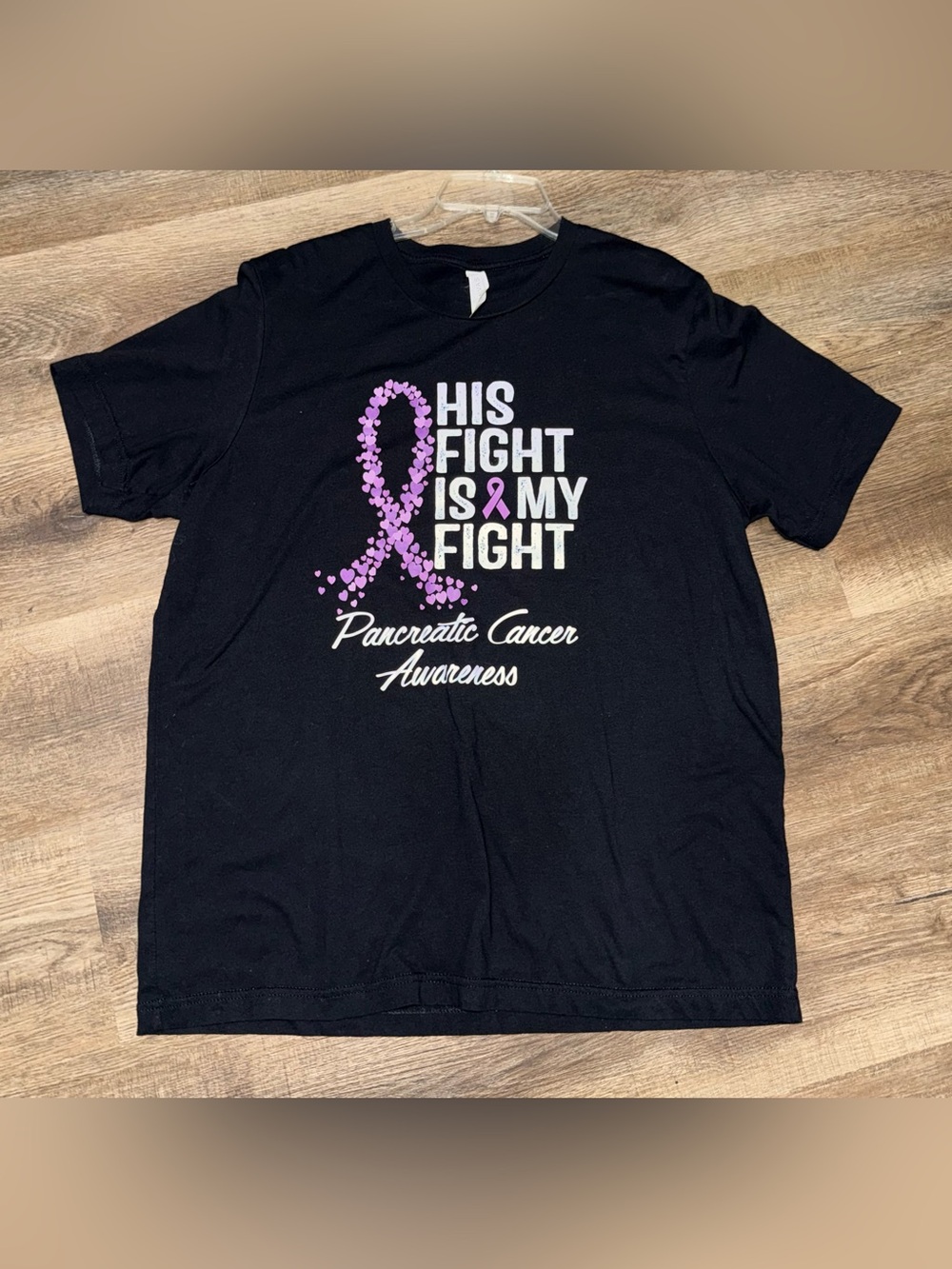 Pancreatic Cancer Awareness "His Fight Is My Fight" Black Graphic Tee. SizeXL.